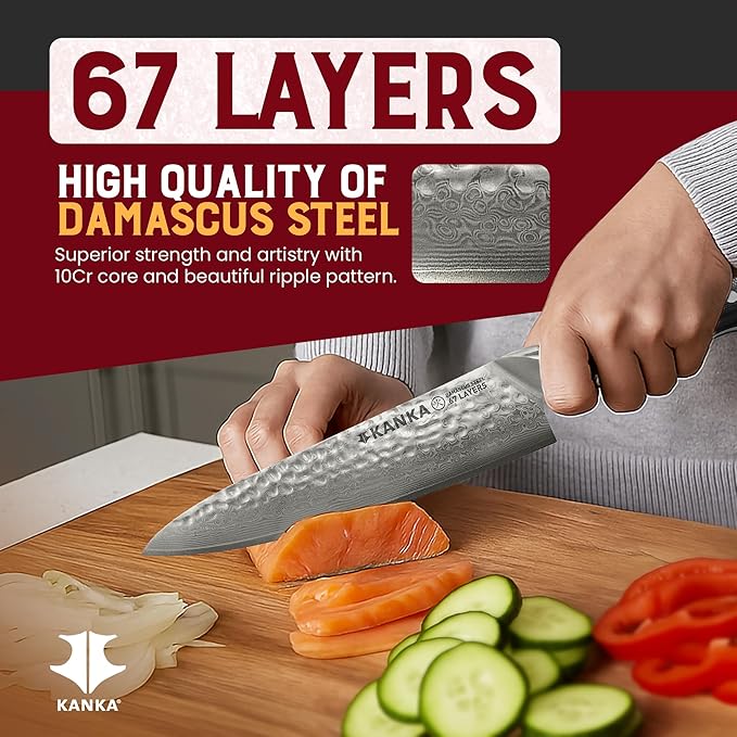 KANKA Chef Knife Damascus Steel 8" - 67 Layer Professional Steel, 10Cr Core, Razor-Sharp 62 HRC Edge, Ergonomic G-10 Fiberglass Handle, Wood Sheath INCLUDED – Chef Kitchen Knife for Precise Cutting