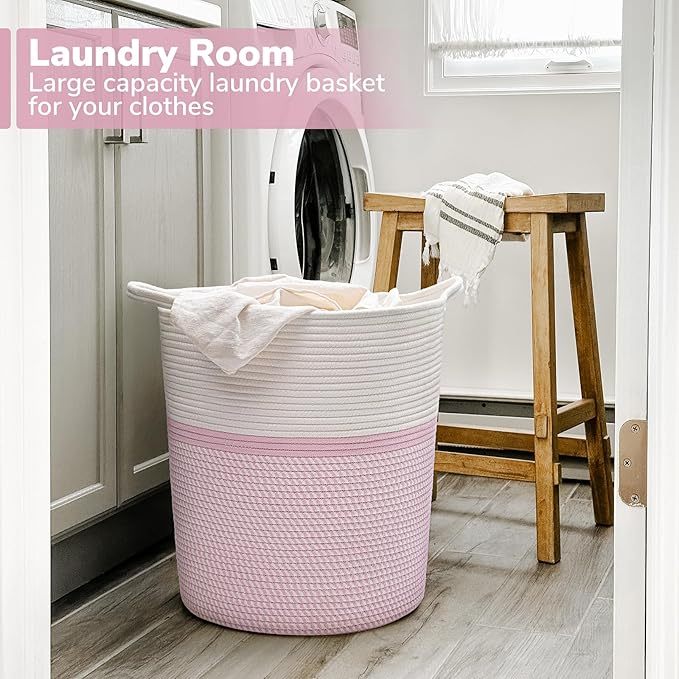 INDRESSME Cotton Basket 17¾ x 15¾ x 13¾ inches Woven Hamper Pink Girl Basket for Gift Toy Blanket Corner Baskets in living Room