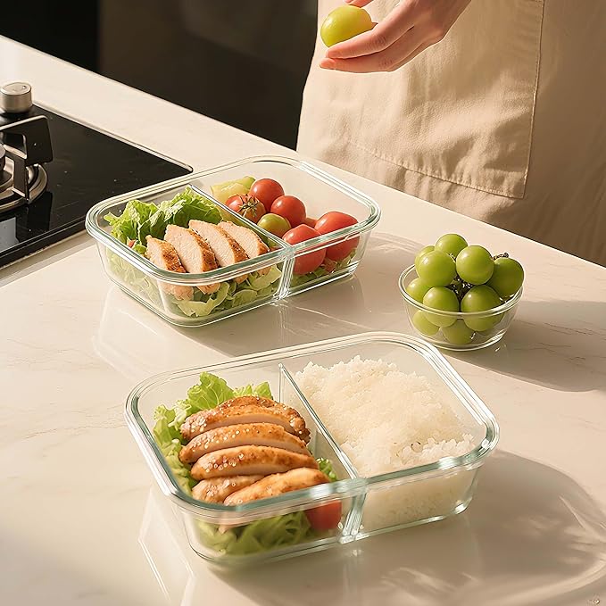 BAYZZ 5 Pack 35 Oz Glass Meal Prep Containers 2 Compartments, Glass Storage Containers with Lids, Airtight Lunch Bento Boxes, BPA-Free, Microwave and Freezer Safe,Green
