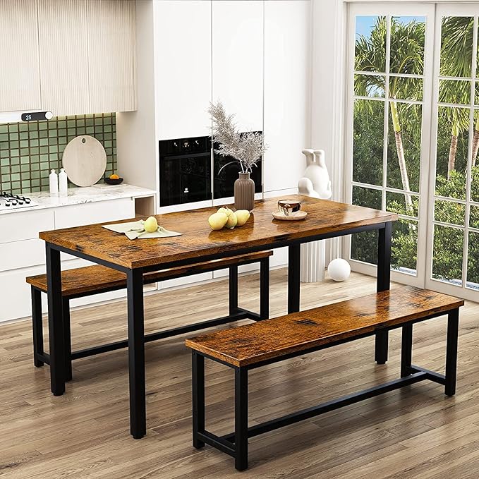 Dining Room Table Set with 2 Benches, Farmhouse Dining Table Set for 4-6, Wood Breakfast Table Set Dinner Table Set Kitchen Table and Chairs for Breakfast Nook Small Spaces, Brown