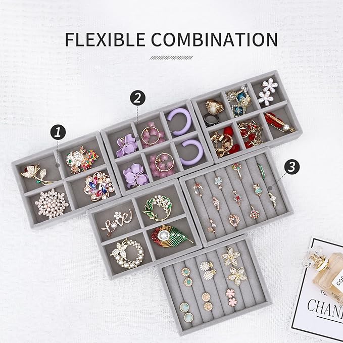 DesignSter Small Jewelry Tray, 2PCS Ring Organizer, Velvet Jewelry Display Tray, Stackable Jewelry Organizer Trays, Jewelry Drawer Organizer Inserts For Dresser, Jewelry Box (Gray)
