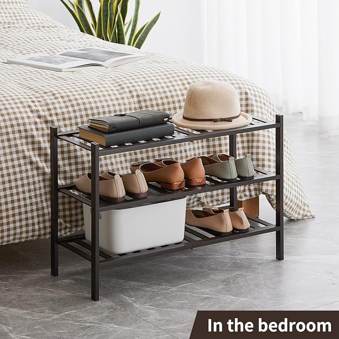 Shoe Rack, 3-Tier Bamboo Stackable Shoe Shelf Storage Organizer, Shoe Stand for Closet, Entryway and Hallway