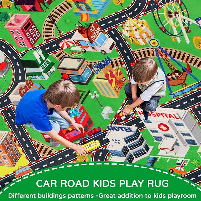 Kids Rug Play Mat for Toy Cars, City Life 3D Road Traffic 39.4"×59" for Playroom Kid Car Road Rug City Map Play Mat Non-Slip Washable Classroom Carpet for Toddlers BoyTummy Time Playtime