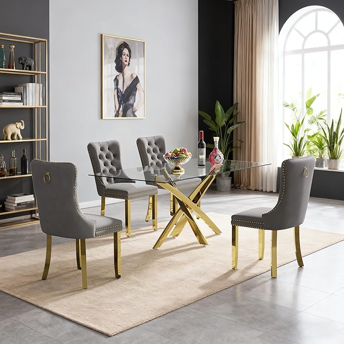 Goujxcy 51" Glass Dining Table Set for 4, Modern Kitchen Table and Chairs Set w/Steel Legs, 5-Piece Dining Table Set w/Glass Gold Dining Table and 4 Grey Velvet Chairs for Kitchen Dining Room