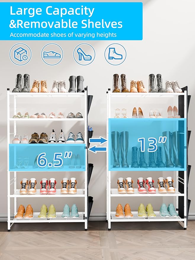6-Tier Shoe Rack, 27" Wide Shoe Organizer for Closet, 24 Pairs Large Metal Shoe Shelf, Entryway, Bedroom, White