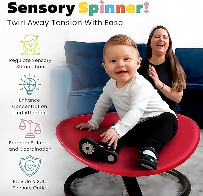 Sensory Spinning Chair for Kids with Autism - Round-Shaped Sensory Seat for Autism & ADHD, Promotes Balance, Focus & Core Strength - Sturdy Sit & Whirl Spinner for Home, School & Therapy Play (Red)