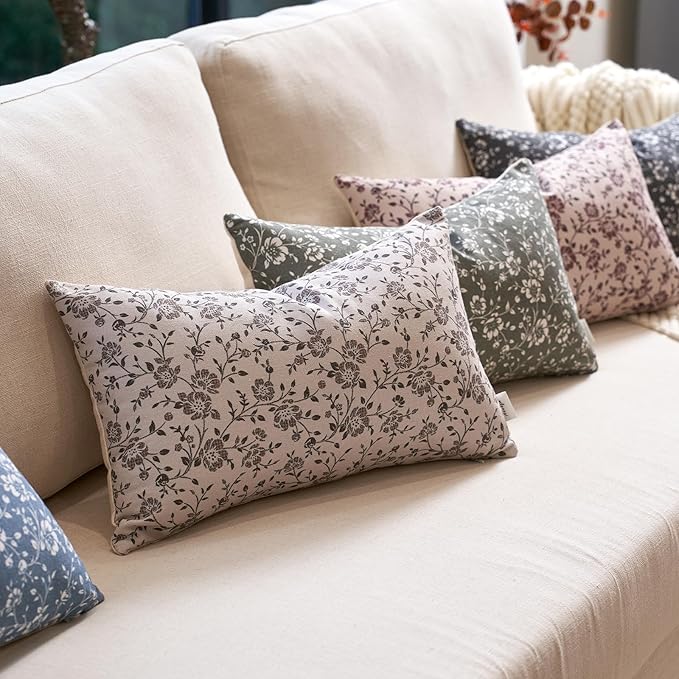Alerfa Set of 2 Floral Lumbar Pillow Covers 12x20, Vintage Block Print Throw Pillow Covers Decorative Farmhouse Accent Couch Pillows for Living Room Bedroom, Haze Green