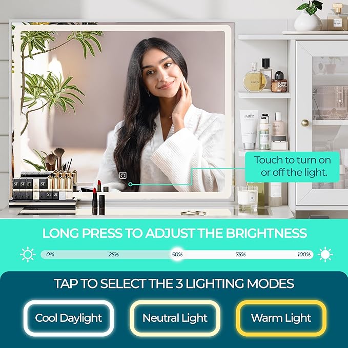 LINSY Vanity with Glass Top, White Makeup Vanity with Mirror and Lights, Large Vanity Desk with Storage, Drawers, Cabinet and Outlet, Modern Fluted Vanity Table for Bedroom, Women, Girls