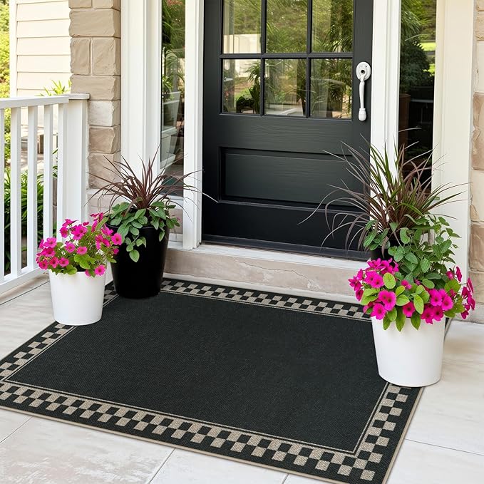 OJIA Easy Jute Outdoor Rug 3x5 Washable Rugs for Entryway, Checkered Border Black Front Door Rug Non-Slip Door Mats Indoor Outdoor Rugs Farmhouse 3x5 Area Rug for Porch Outside Patio Living Room