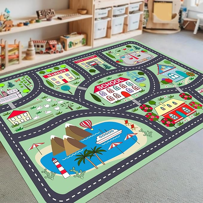 Kids Playmat Car Rug, Kids Play Rugs Town City Road Map Rug, Large Educational Car Mat, Boys Track Play Mat, Kid Rugs for Playroom Bedroom Living Room (Style 2, 78.7X 59 INCH)