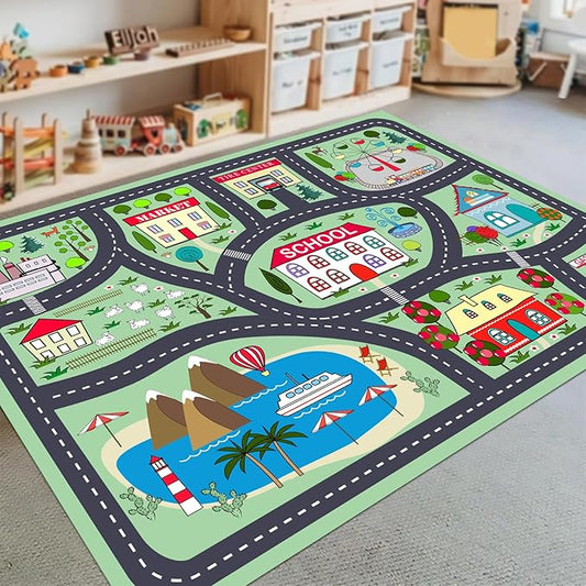 Kids Playmat Car Rug, Kids Play Rugs Town City Road Map Rug, Large Educational Car Mat, Boys Track Play Mat, Kid Rugs for Playroom Bedroom Living Room (Style 2, 78.7X 59 INCH)