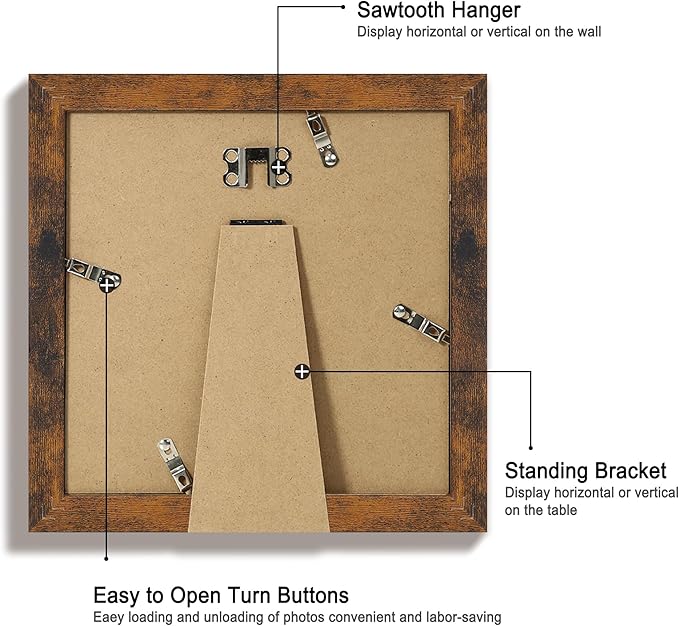 8x8 Picture Frame Set of 4 with HD Glass, Display 6x6 Pictures with Mat or 8 x 8 Without Mat, Rustic Wood Photo Frame for Wall Mount and Tabletop Display