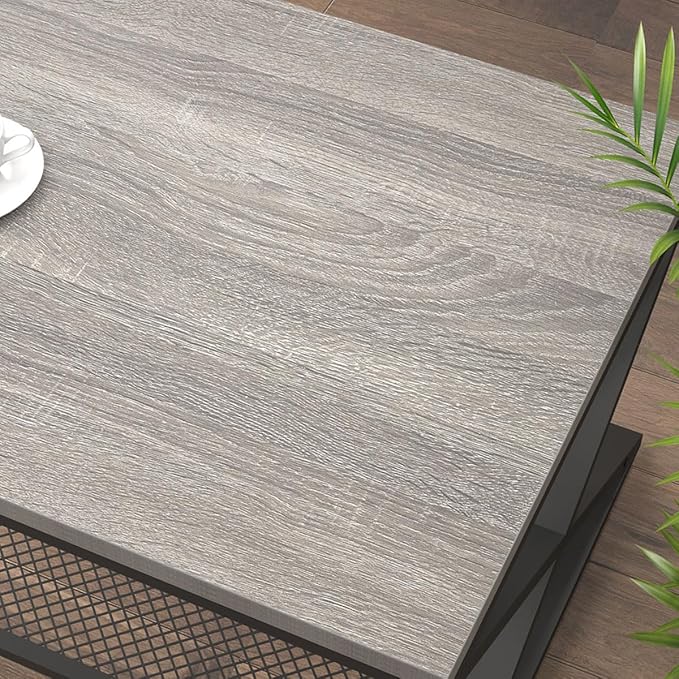 LVB Gray Coffee Table, Farmhouse Wood Metal Center Table with Storage for Living Room, Industrial Wooden 2 Tier Rectangle Cocktail Tea Table with Mesh Shelf for Office Bedroom, 47 inch, Light Grey Oak
