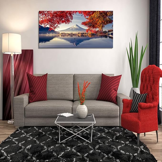 Canvas Prints Mountain Fuji with Morning Fog and red Leaves at Lake Kawaguchiko Nature Picture Wall Art Framed Artwork for Living Room Bedroom Kitchen Home and Office Wall Decor
