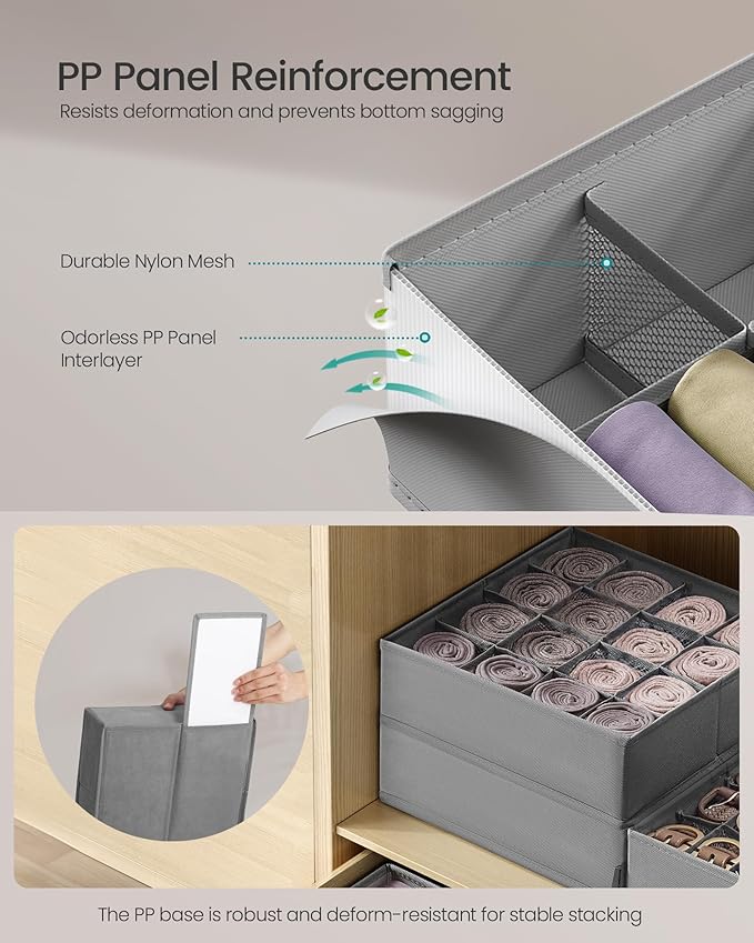 SONGMICS Set of 6 Underwear Organizers, Drawer Organizers, Dresser Closet Storage, 120 Cells (3x16+3x24), Foldable Dividers, 11.8 x 11.8 x 3.9 Inches, for Socks, Ties, Belts, Dove Gray URUS011G02