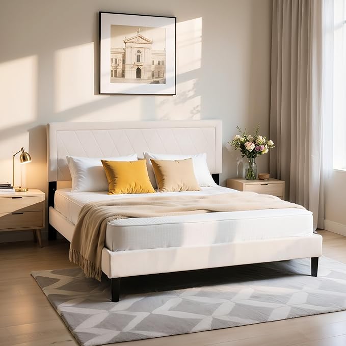 Hokway Bed Frame Upholstered Platform Bed with Headboard Wooden Slat Support No Box Spring Needed(King, Soft Beige)