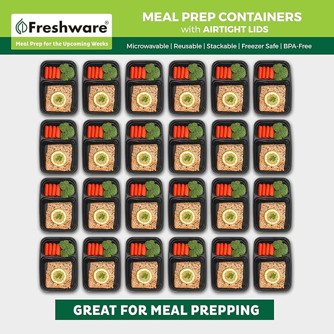 Freshware Meal Prep Containers [15 Pack] 2 Compartment with Lids, Food Storage Containers, Bento Box, BPA Free, Stackable, Microwave/Dishwasher/Freezer Safe (28 oz)