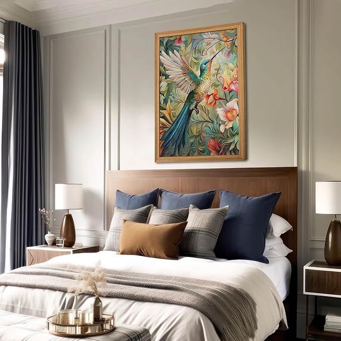 Framed Vintage 3D Textured Wall Art - Colorful Hummingbird Floral Wall Decor - Hand Painted Sandstone Nature Botanical Picture for Living Room Bedroom Home Decor 24x36 inch