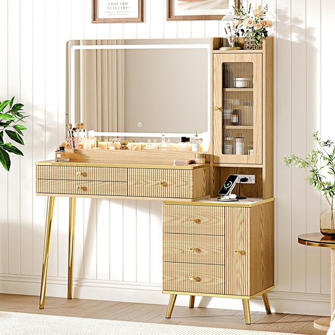 Vanity Desk with 35.12" HD Lighted Mirror, 46.85" Big Modern Vanity Desk with Mirror and Lights, Makeup Vanity with 7 Drawers and Storage Shelves and Charging Station, Oak