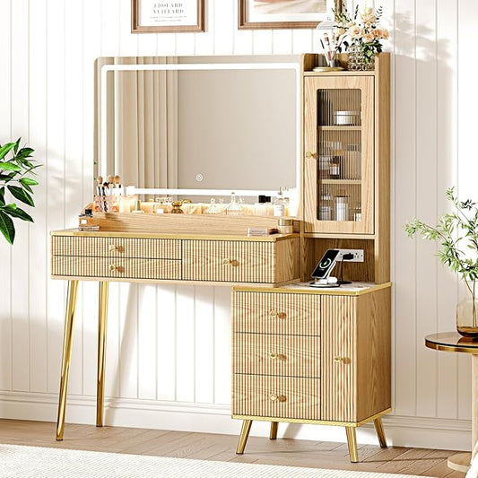Vanity Desk with 35.12" HD Lighted Mirror, 46.85" Big Modern Vanity Desk with Mirror and Lights, Makeup Vanity with 7 Drawers and Storage Shelves and Charging Station, Oak