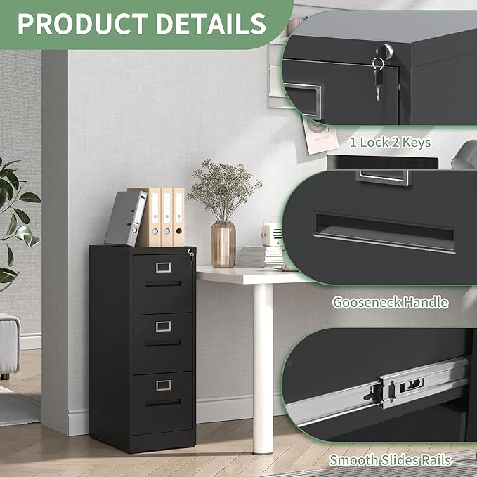 AQY 3 Drawer File Cabinet with Lock,Filing Cabinets for Home Office,Metal File Cabinet 18" Deep Vertical Storage Drawer for Hanging A4/F4/Letter/Legal Size Files, Assembly Required