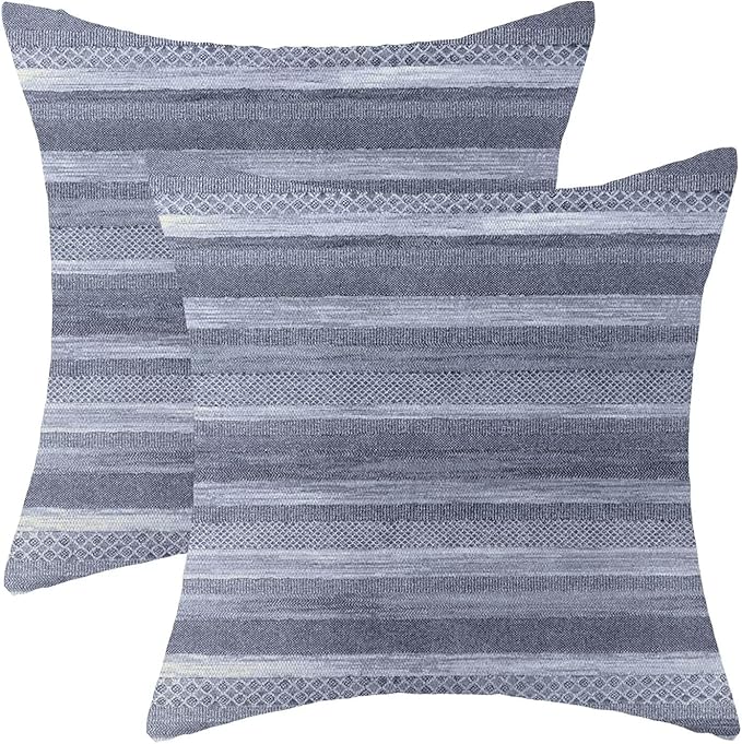 Boho Blue Stripe Throw Pillow Covers 18x18 Inch Set of 2, Rustic Abstract Decorative Throw Pillow Covers Retro Stripe Neutral Outdoor Cushion Cover for Sofa Couch Farmhouse Room Bed Decor