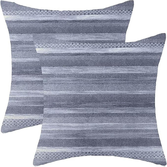 Boho Blue Stripe Throw Pillow Covers 18x18 Inch Set of 2, Rustic Abstract Decorative Throw Pillow Covers Retro Stripe Neutral Outdoor Cushion Cover for Sofa Couch Farmhouse Room Bed Decor