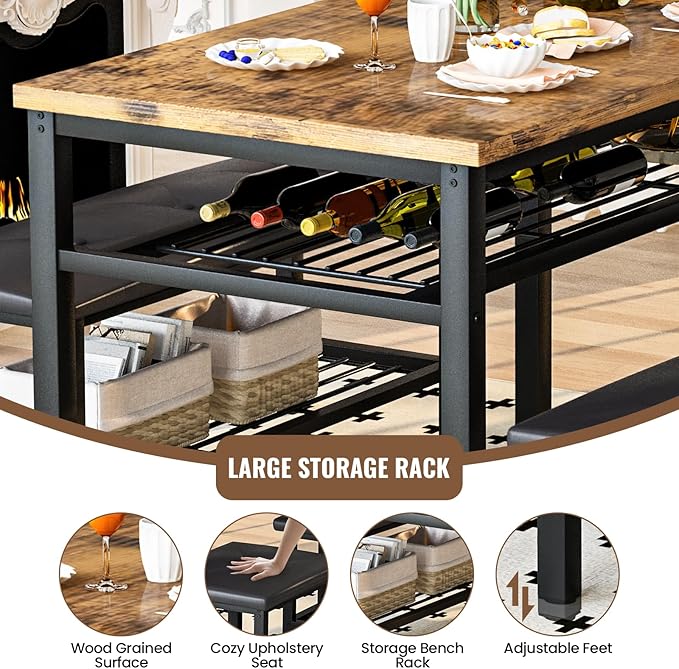 Lamerge Kitchen Tables Set for 4, Rectangular Dining Room Table Set with Bench and Stools, 4 Pieces Dining Room Table Set with Storage Rack for Small Space, Breakfast Nook and Apartment, Rustic Brown