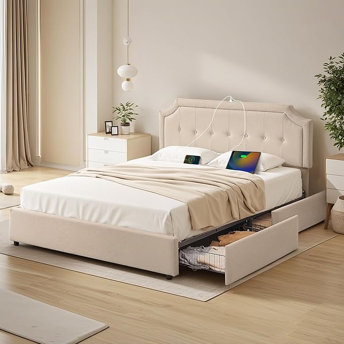 VECELO Queen Size Platform Bed Frame with 4 Storage Drawers,Fabric Upholstered Headboard and Wooden Slats Support,Built-in USB and Type C Ports, No Box Spring Needed,Easy Assembly