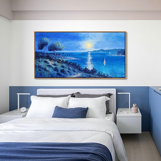 Large Painting Wall Art Blue watercolor Ocean Picture for Living Room Coastal Home Bedroom Decoration sailing boat Framed Artwork Decor 24×48IN