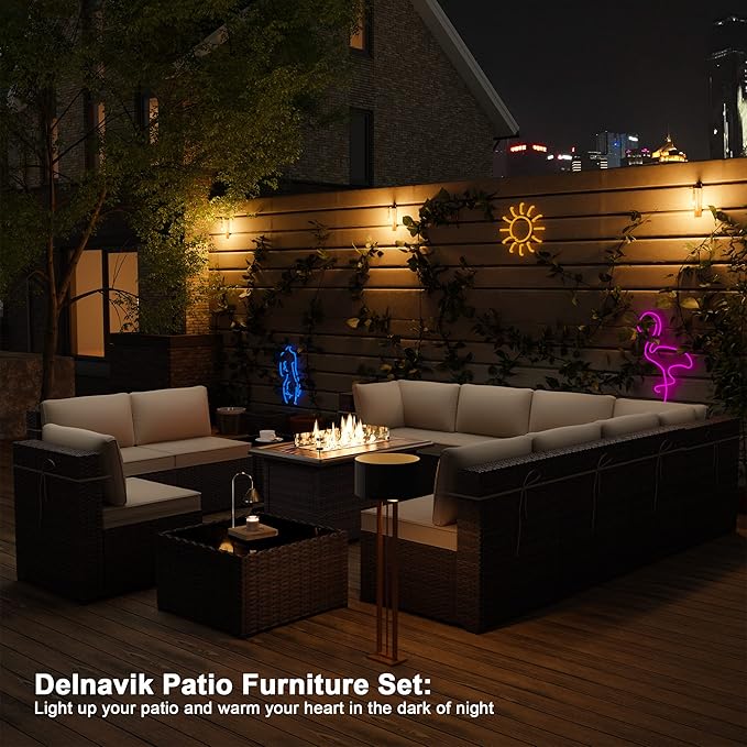 Kurapika 13 Pieces Patio Furniture Set, Rattan Wicker Outdoor Conversation Sets w/43in Propane Fire Pit Table and 4 Inch Cushion(Sand)