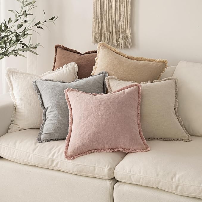 MIULEE Decorative Throw Pillow Covers Neutral Linen Fringe Throw Pillows Set of 2 Light Pink Boho Farmhouse Cushion Covers for Couch Sofa Bed Living Room Spring Home Decor 20x20 Inch