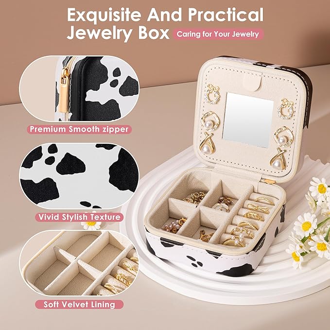 Cow Print Trave Jewelry Case, Animal Print Jewelry Box for Women Girl, Trinket Box Organizer, Adorable Birthday Gradution Gift