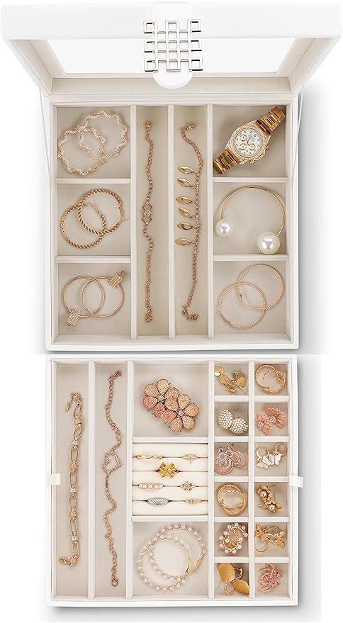 Co 28 Section Jewelry Box - 2 Layer - Buckle Snap & Magnet Closure - Large Glass Top - Leather Design - White - Jewelry Organizer for Women & Girls - for Earring Ring Necklace & Bracelet