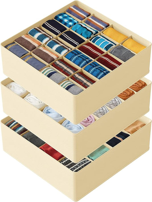 SpaceAid Sock Drawer Organizer Divider 3 Pack, 64 Cell Dresser Closet Nursery Underwear Organizers Storage Bins for Organizing Socks Underwear Ties Belts (Beige)