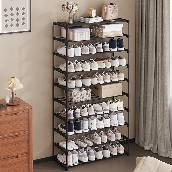 Calmootey 10-Tier Shoe Rack, Tall Large Capacity 50 Pairs Shoes Storage Organizer, Stackable Wide Shoe Shelf for Entryway, Hallway, Black