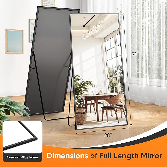 Suidia Full Length Mirror, 71"x28" Floor Standing Mirror Freestanding, Full Body Mirrors with Stand for Bedroom, Hanging Mounted for Living Room Cloakroom, Black, Rectangular Style