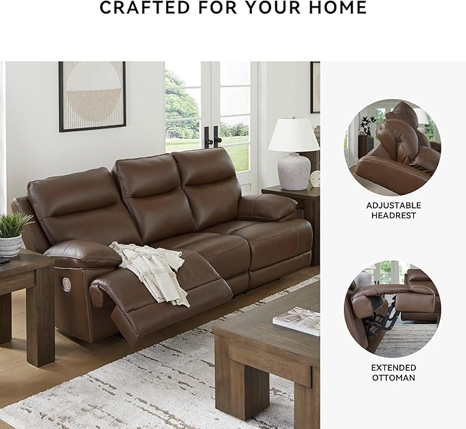 Signature Design by Ashley VonRyan Modern Leather Match Power Reclining Sofa with USB Ports, Dark Brown