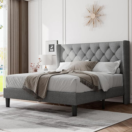 Feonase Full Size Bed Frame with Upholstered Wingback Headboard, Platform Bed and Heavy Duty Wooden Slats Support, Easy Assembly, Noise-Free, No Box Spring Needed, Light Gray