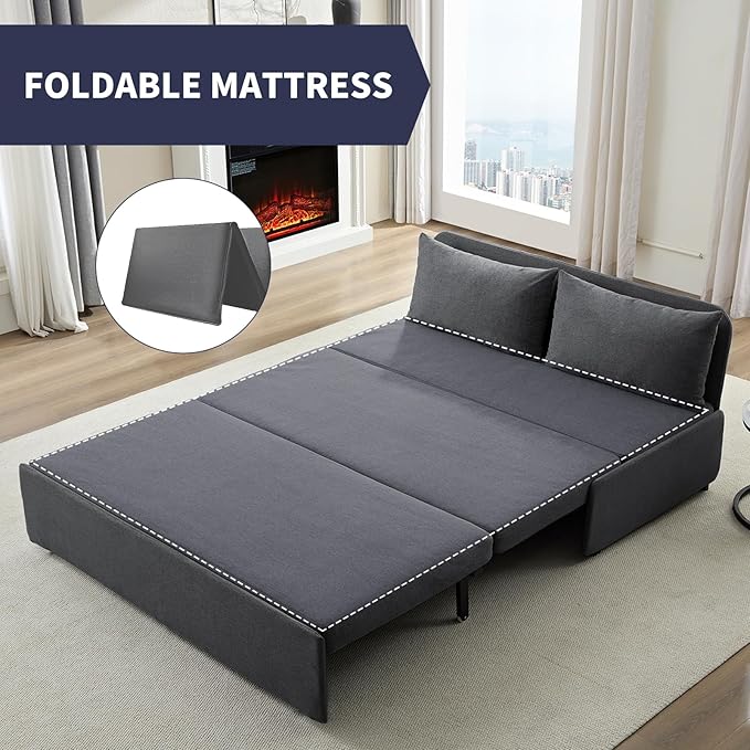 Queen Size Sofa Bed, Pull Out Sofa Bed with Cushions & Throw Pillows, Linen Couch Beds, Modern Convertible Sleeper Sofas Beds, Loveseat for Living Room for Small Spaces - Dark Grey
