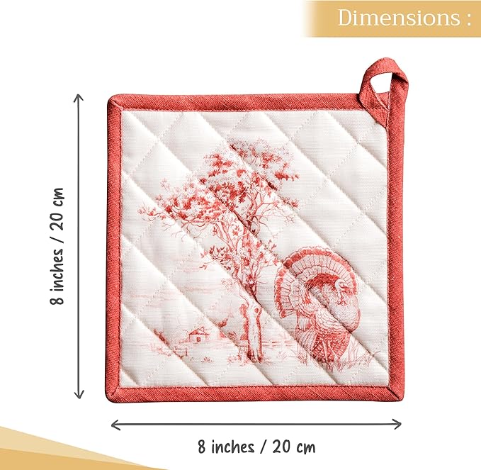 Maison d' Hermine Pot Holders Set 100% Cotton Heat Resistant Potholders 8" x 8" Hot Pads with Loop for Thanksgiving Christmas Decorations BBQ Baking Handling Hot Pans (Pack of 2, Holy Jouy - Red)
