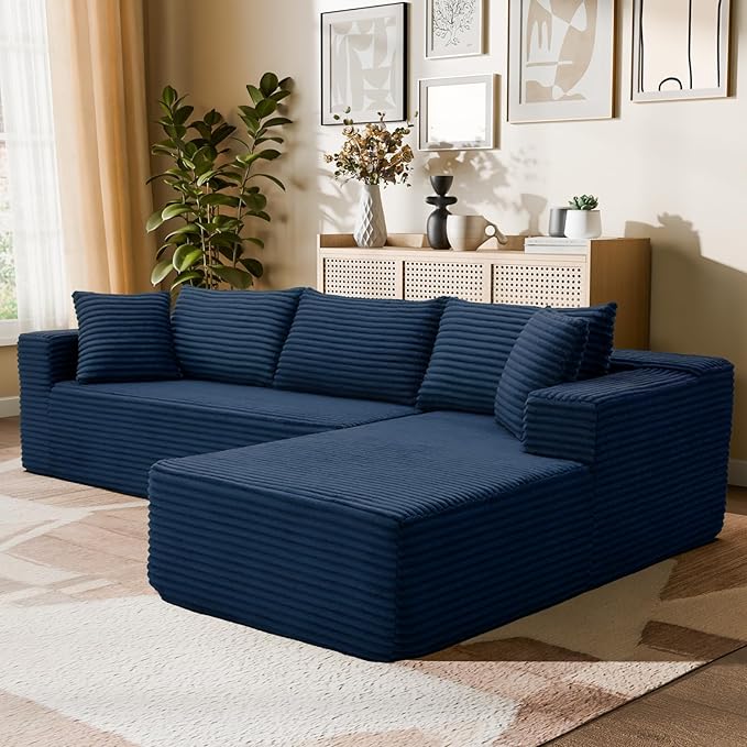 Modern Cloud Modular Sectional Sofa with Chaise, 106" L-Shaped Sofa Couch for Living Room, Deep Seat Plush Boneless Couches, Includes Pillows, Left Chaise, Blue