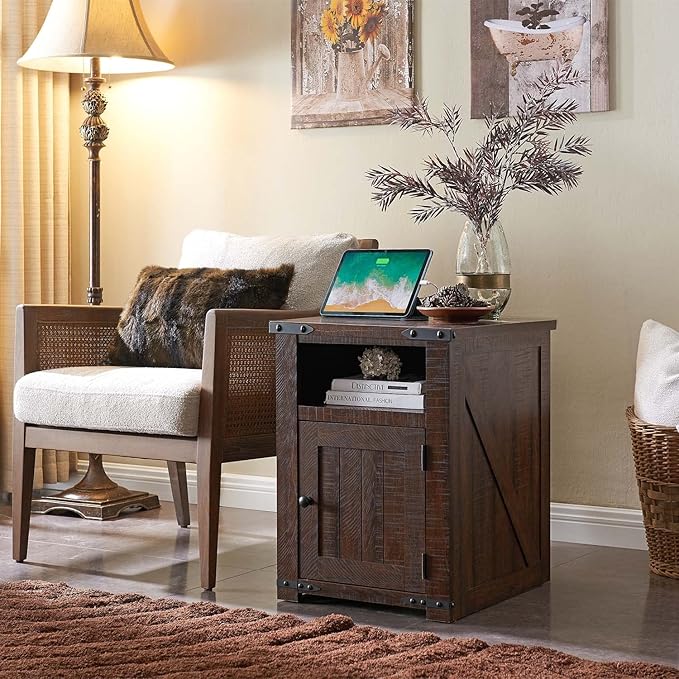 Nightstand with Charging Station, 20" Farmhouse End Table w/Groove Barn Door, Rustic Wood Sofa Side Bedside Table w/Open & Adjustable Shlef for Bedroom, Living Room, Brown