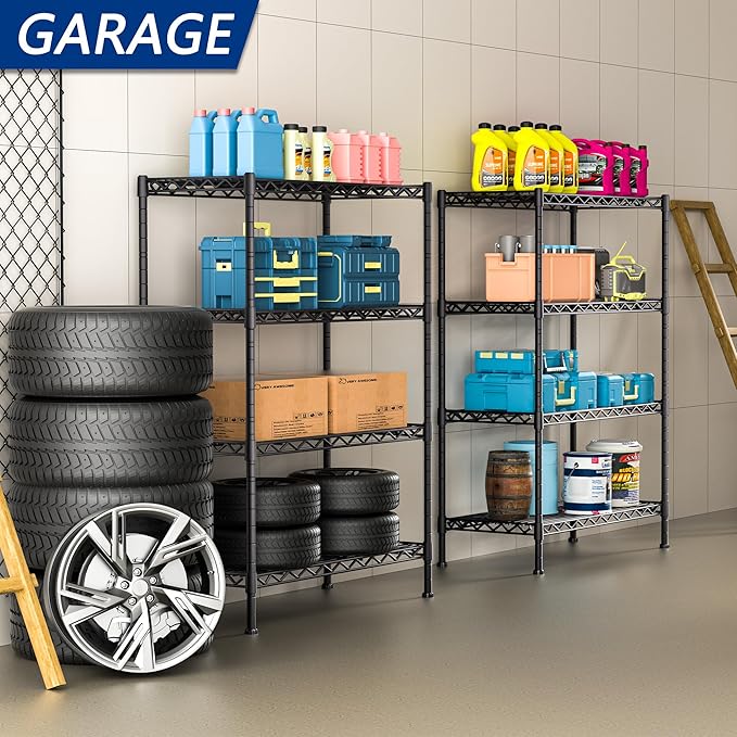 4-Shelf Adjustable Heavy Duty Storage Shelving Unit, Metal Organizer Wire Rack for Laundry Bathroom Kitchen Pantry Closet, Black