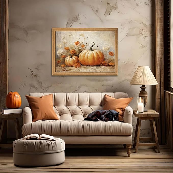 Framed Vintage Halloween Pumpkin Wall Art – 3D Texture Harvest Pumpkins Pictures Fall Wall Decor for Living Room, Rustic Autumn Pumpkin Art Prints for Kitchen, Bedroom, Home or Party – 16x24in