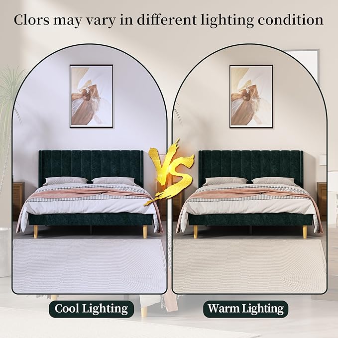 Queen Size Upholstered Platform Bed Frame with Modern Wingback & Vertical Panel Headboard, Velvet Fabric, Wooden Legs & Slats Support, No Box Spring Needed, Noise-Free & Easy Assembly, Ink Green