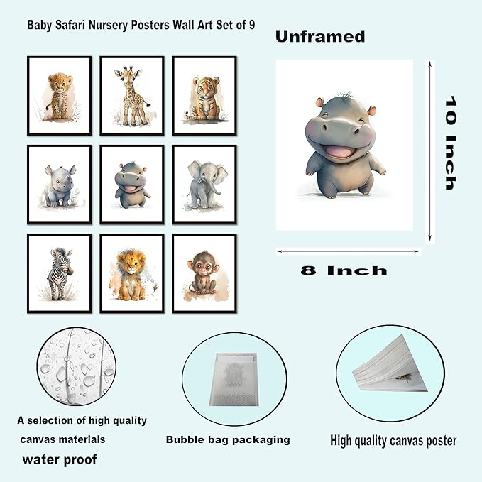 Funny Bathroom Animal Canvas Wall Art Set of 9, Baby Nursery Posters Wall Decor Painting,Tiger Lion Elephant Giraffe Monkey Posters Prints for Bathroom Bedroom Babyroom 8x10In Unframed