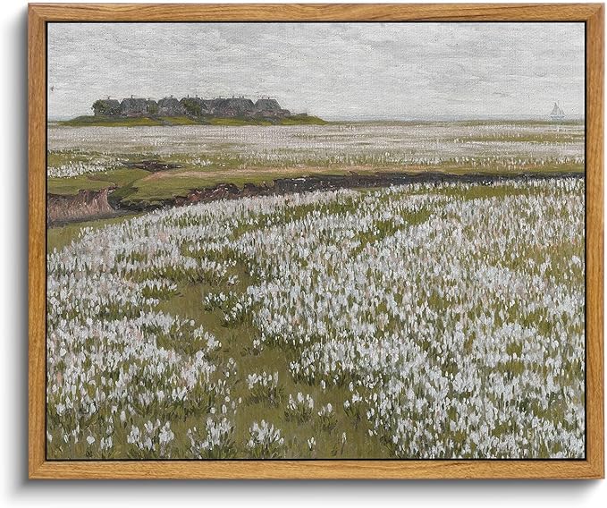 InSimSea Framed Vintage Landscape Wall Art Prints, Boundless Grassland Full of White Flowers Canvas Painting Wall Decor, Framed Farmhouse Bedroom Wall Decor, Retro Room Decor 9/inchx11/inch