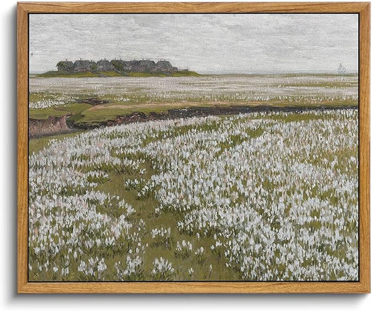 InSimSea Framed Vintage Landscape Wall Art Prints, Boundless Grassland Full of White Flowers Canvas Painting Wall Decor, Framed Farmhouse Bedroom Wall Decor, Retro Room Decor 9/inchx11/inch