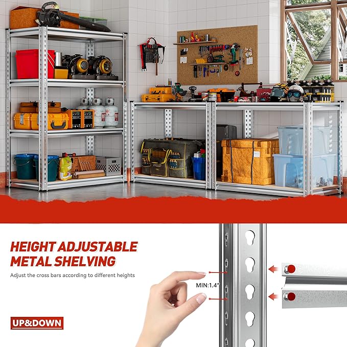 REIBII Storage Shelves Adjustable Metal Shelving 1600LBS Garage Shelves Industrial Metal Shelves 4 T ier Garage Shelving for Kitchen Pantry Closet, Sliver, 11.8" D x 23.6" W x 56.7" H